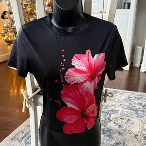 SHEIN Black Tee with Pink Floral Design